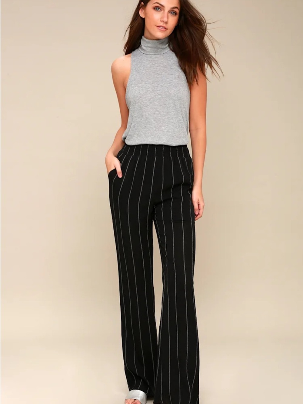 Suzy Shier Black Pinstripe Wide-Leg Pants